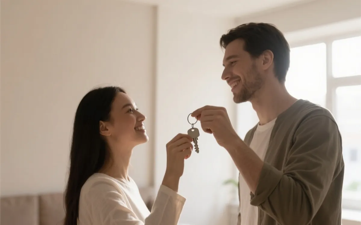 一对新人在清晨阳光下拿着新房钥匙，开启新生活